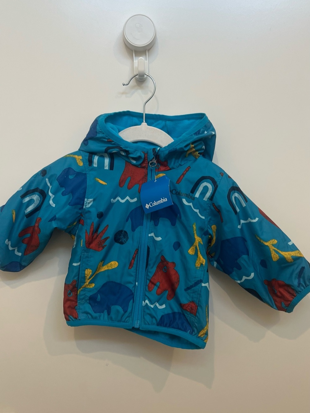 Columbia Teal Toddlers' Hooded Rain Jacket with Animal Print